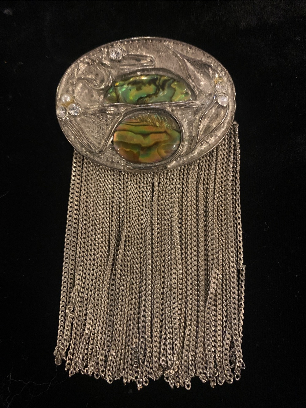 Silver-Tone Abalone Fringe Brooch - Green Accent